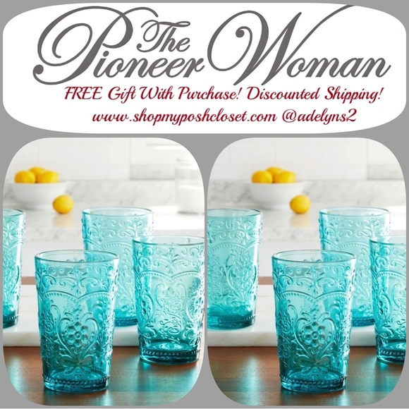 🌺 New Pioneer Woman Amelia Teal Blue Embossed Glass Tumblers, Set of 8 - Picture 5 of 9